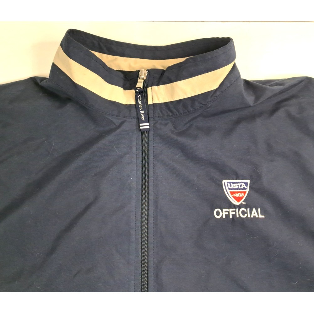 Vtg Charles River Apparel USTA Full Zip Jacket Navy Blue Pockets Rip Cord - Picture 2 of 11